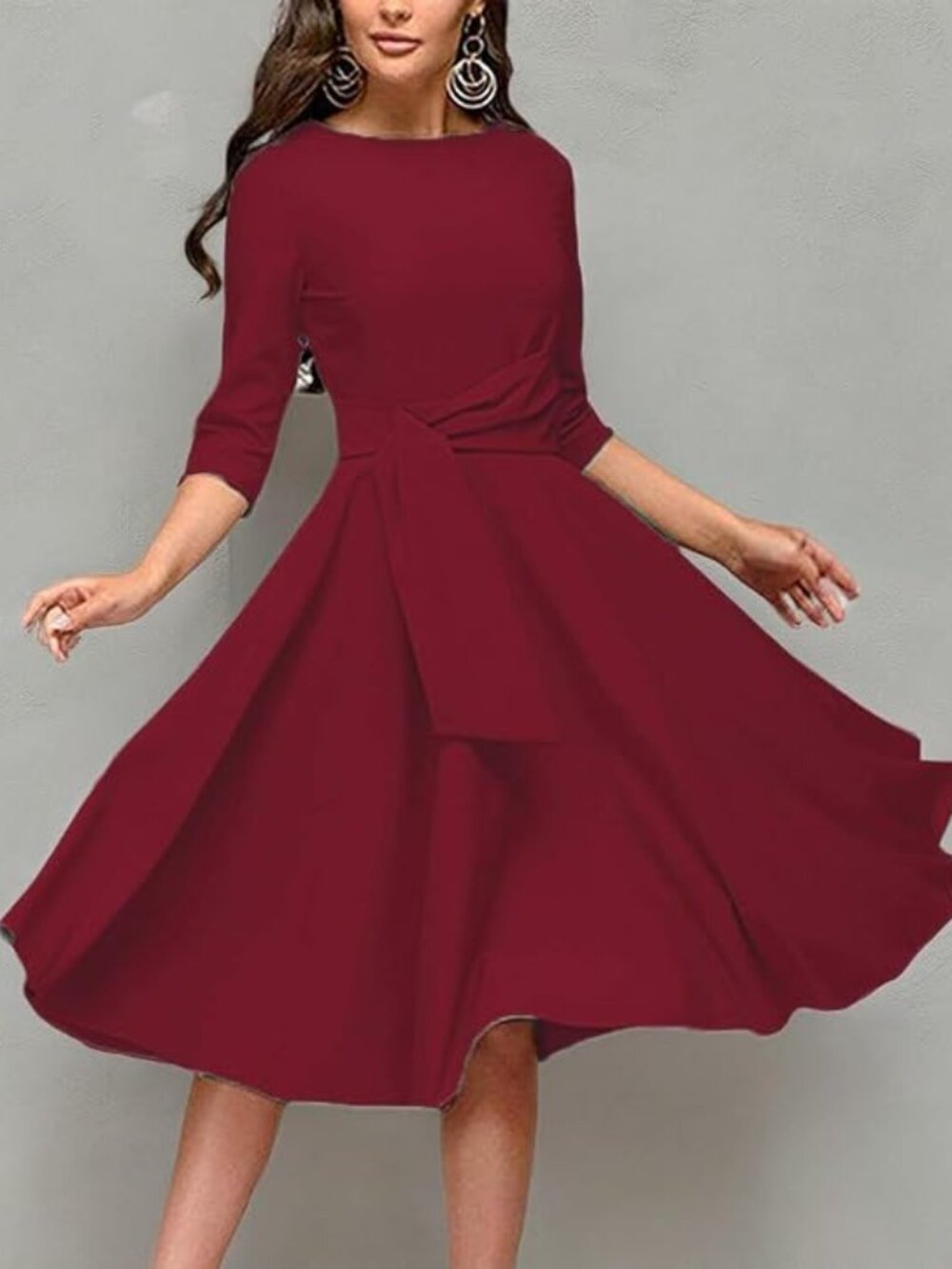 Womens Elegance Audrey Hepburn Style Ruched 3/4 Sleeve Midi A-line Dress